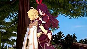 amber and fischl with amy and aether in wild genshin impact hentai.