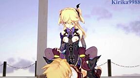 amber and fischl with amy and aether in wild genshin impact hentai.