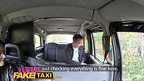 female fake taxi driver gets lucky with a hot brunette passenger