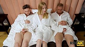 Rim4K: Russian guys cheat for love in MMF threesome with ass licking.