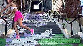 hairy babe teases with nip slip upskirt in public