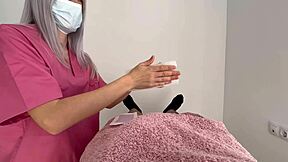 Cute amateur's surprise handjob during cock waxing at work