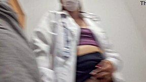 married nurse chats with employee in hospital bathroom