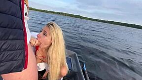 Amateur Couple's Funny Outdoor Sex on Lake in Boat with Tight Blonde