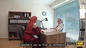 Little redhead with big tits jumps on dick in office for Loan4k deal.