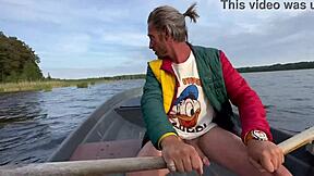 Amateur Couple's Funny Outdoor Sex on Lake in Boat with Tight Blonde