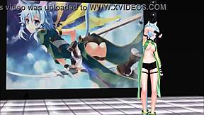 Sinon from Sword Art Online shows off big tits in MMD