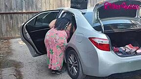 Stepmom cougar seduces young man outdoors in the car!