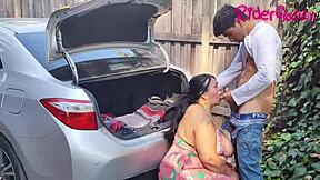 Stepmom cougar seduces young man outdoors in the car!
