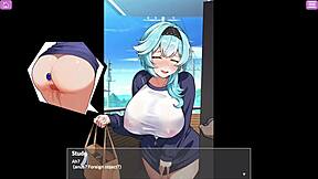 busty delivery worker gets exposed in anime game scene.