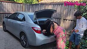 Stepmom cougar seduces young man outdoors in the car!