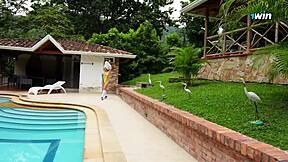 Neighbor slut bent over for doggystyle fuck by pool!