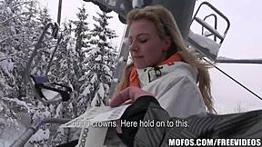 Busty blonde skier lured to lodge for paid POV doggystyle and blowjob