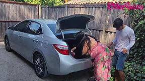 Step-mom the MILF seduces her step-son in the car outside