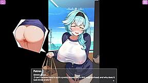 busty delivery worker gets exposed in anime game scene.