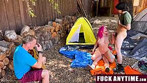 damn, three boys freeusing this hot chick on our camping trip!