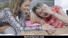 stepsisters take stepbrother to bedroom for threesome