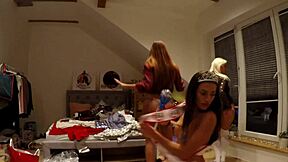 Hot girls flash boobs and naked ass at Halloween party in thongs