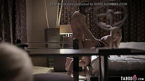 Foster couple welcomes shy blonde teen and engages intimately