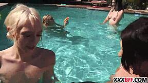 Best friends having a pool party with group amateurs