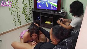 distracted husband ignores wife so she fucks friend right beside him