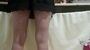 Slutty redhead flashes her ass at work in lingerie