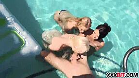 Best friends having a pool party with group amateurs