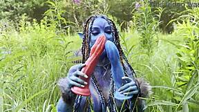 Avatar Monika Fox with big prolapse slams hard dildo in anal and pussy outdoors