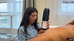 Brunette receives powerful cumshot from huge toy in outdoor masturbation