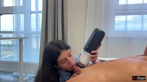 Brunette receives powerful cumshot from huge toy in outdoor masturbation