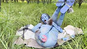 Avatar Monika Fox with big prolapse slams hard dildo in anal and pussy outdoors