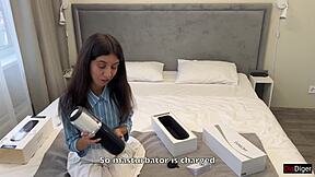 Brunette receives powerful cumshot from huge toy in outdoor masturbation