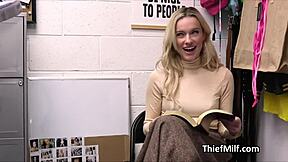 Milf busted with stolen dildos gets on knees