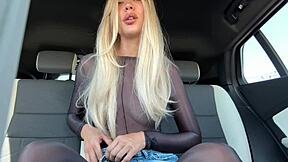 publicly in a car, she masturbates in a bodysuit and squirts hard.