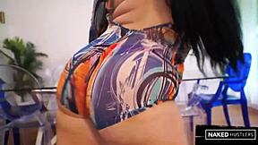 Pretty bbw girl with long hair twerking and deepthroating