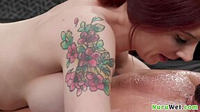 Redhead Masseuse Rubs Pussy on Client