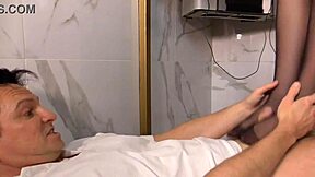 Blonde secretary in nylon gives slick footjob and sucking