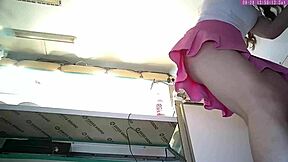 Dumb 18 YO Blonde in Pink Miniskirt Caught on Hidden Voyeur Upskirt Cam