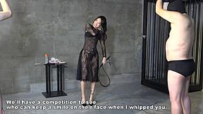 Mistress Sara gives CFNM handjob cumshot.