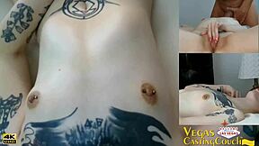 Vegas Starr arrives at the Vegas couch for oil massage, glass dildo play, deep throat, riding, bondage POV, and creampie