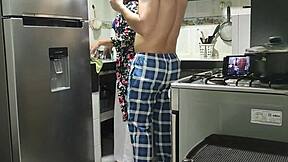 My nephew visits early in the kitchen before work