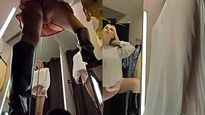 Upskirt View in Public Fitting Room on Pussy of Blonde with Big Tits