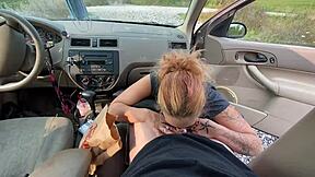 Blowjob in car with big tits deepthroat