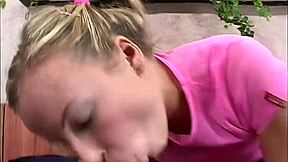 Blonde alisson keeps her pink top on while getting pleasured