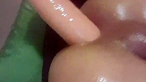 Tight shemale spreads legs wide, sliding huge 11 inch dildo deep into her ass in POV solo play.