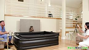 Naughty Brunette Masseuse Films Wet Nuru Massage
