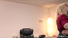 Blonde milf cougar cheats and fucks young employee to keep his job!