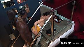 Putting big black dick deep in petite white girl's pussy.