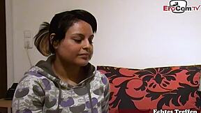 A shy German virgin teen gets talked into sex at her first street casting