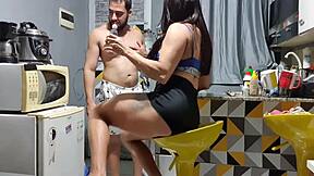 Milf in crossdressing fetish performs blowjob and gets fucked in kitchen with big cock